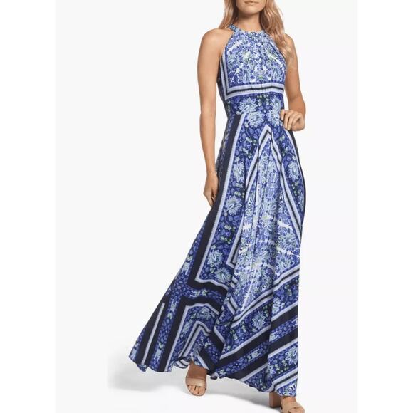 NWT ELIZA J SCARF PRINT MAXI DRESS GOWN HALTER FLORAL BLUE GREEN SZ 6 - Picture 1 of 16